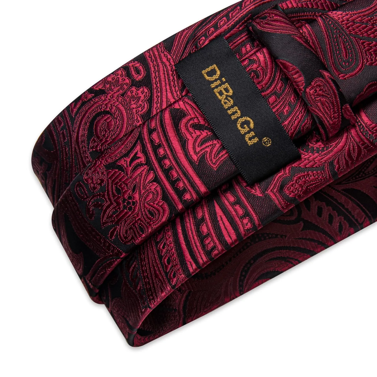 DiBanGu Dress Tie Burgundy Paisley Mens Silk Wedding Tie Pocket Square Cufflinks Set