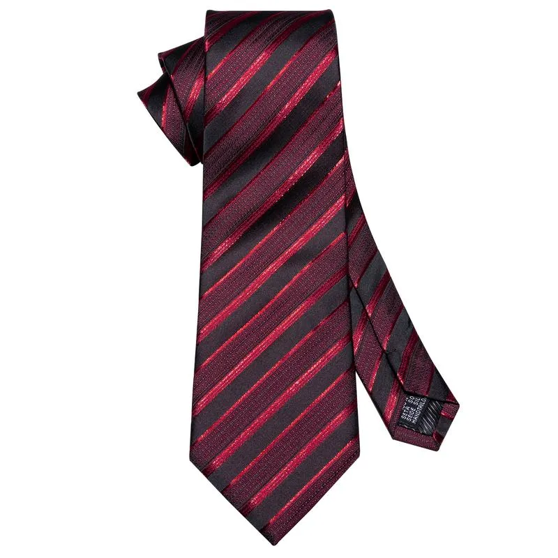 DiBanGu Silk Tie Burgundy Black Striped Men's Tie Handkerchief Cufflinks Set