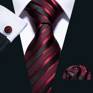 DiBanGu Silk Tie Burgundy Black Striped Men's Tie Handkerchief Cufflinks Set