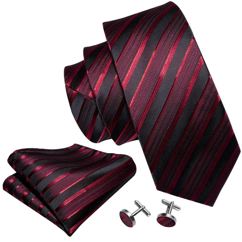 DiBanGu Silk Tie Burgundy Black Striped Men's Tie Handkerchief Cufflinks Set