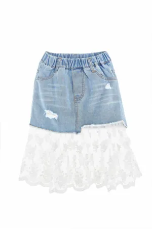 Distress Denim Skirt with Lace Extension