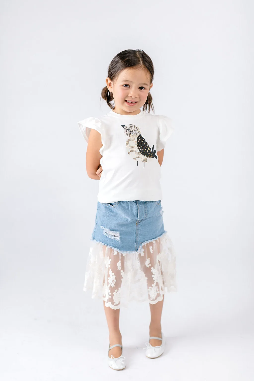 Distress Denim Skirt with Lace Extension