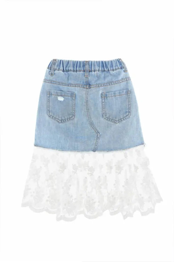 Distress Denim Skirt with Lace Extension