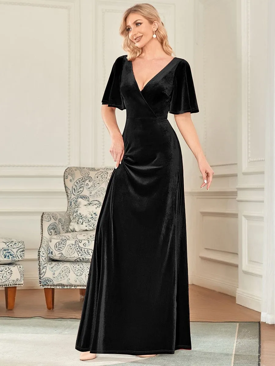 Elegant Double V Neck Velvet Party Dress with Sleeves