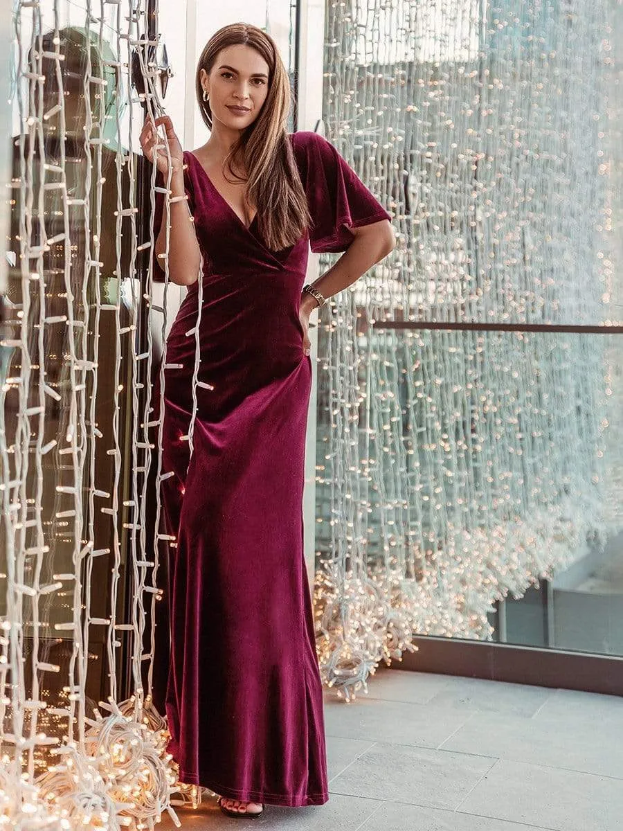 Elegant Double V Neck Velvet Party Dress with Sleeves