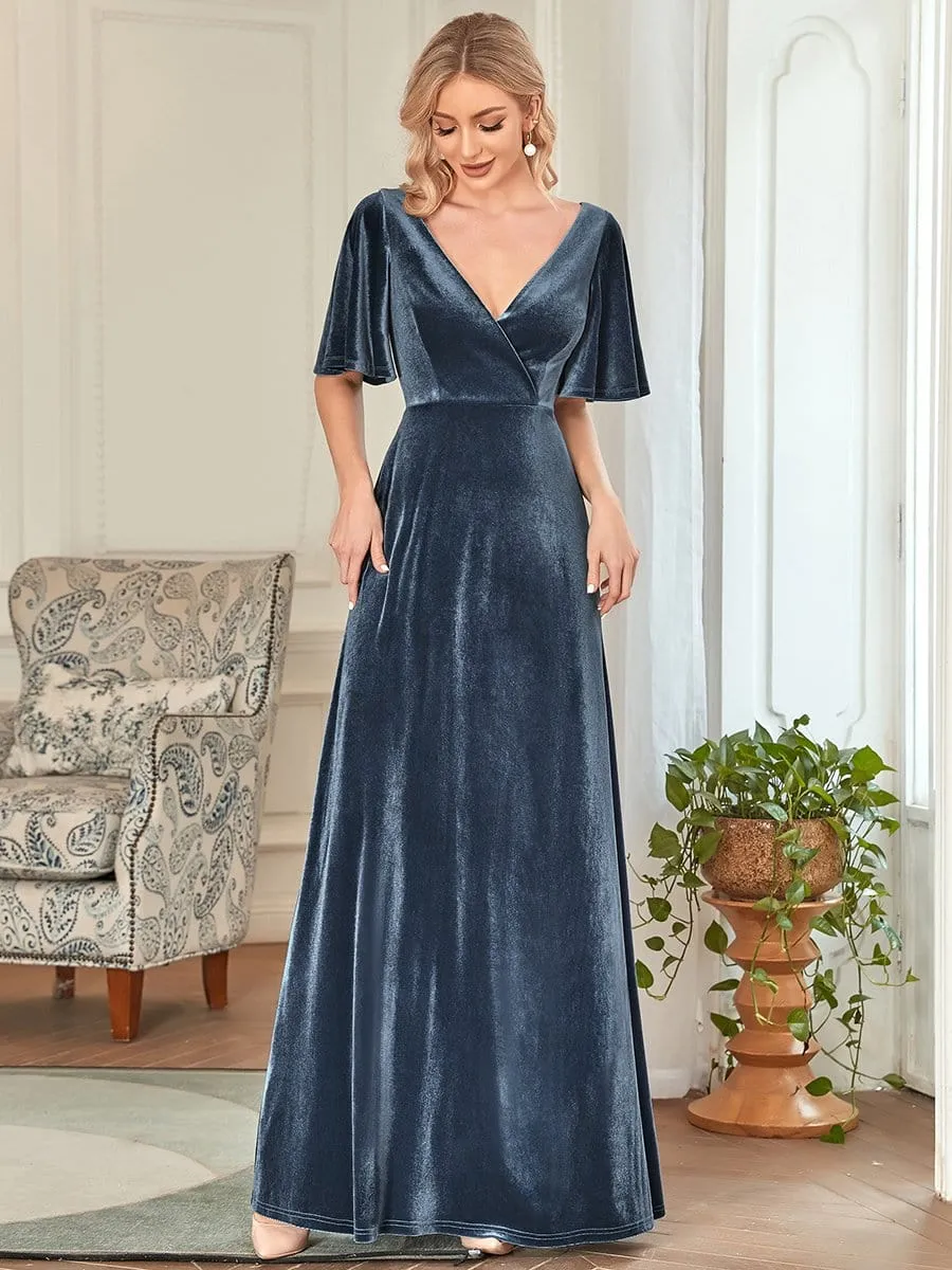 Elegant Double V Neck Velvet Party Dress with Sleeves