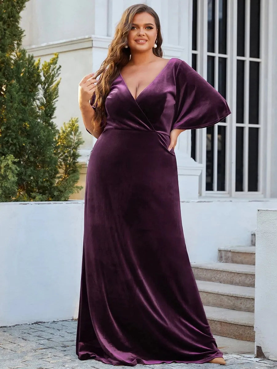 Elegant Double V Neck Velvet Party Dress with Sleeves