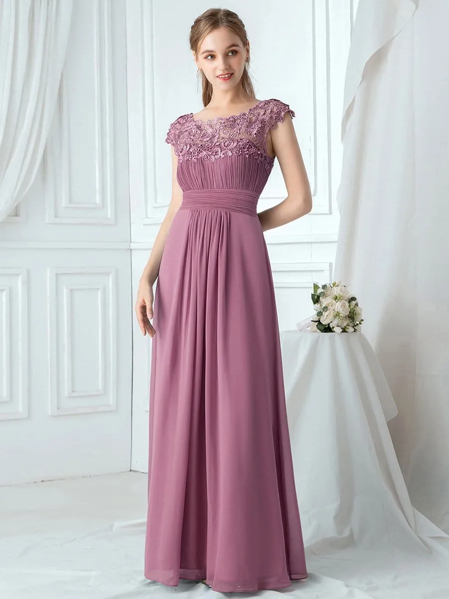 Elegant Lace Cap Sleeve Maxi Long Chiffon Bridesmaid Dress