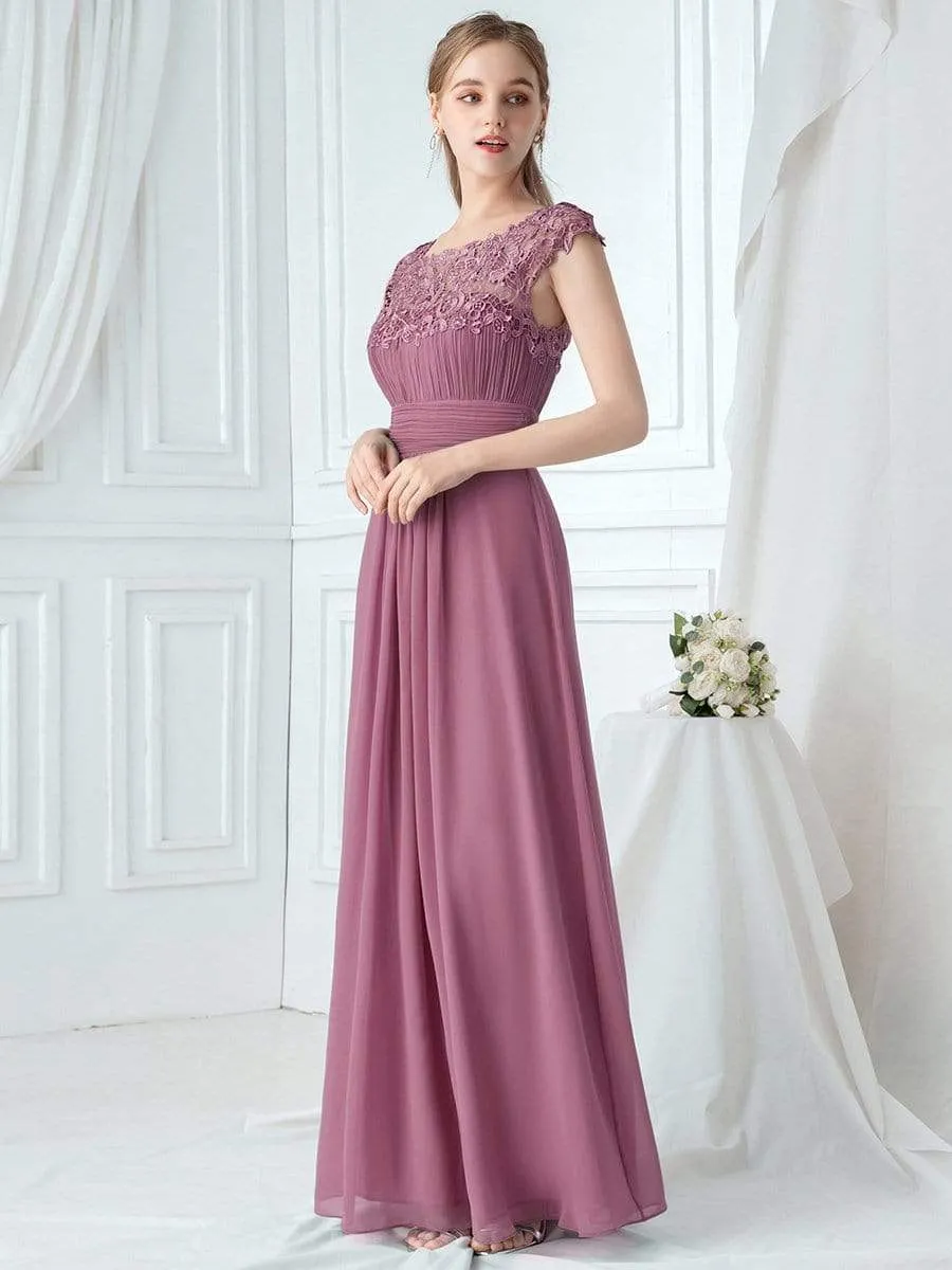 Elegant Lace Cap Sleeve Maxi Long Chiffon Bridesmaid Dress