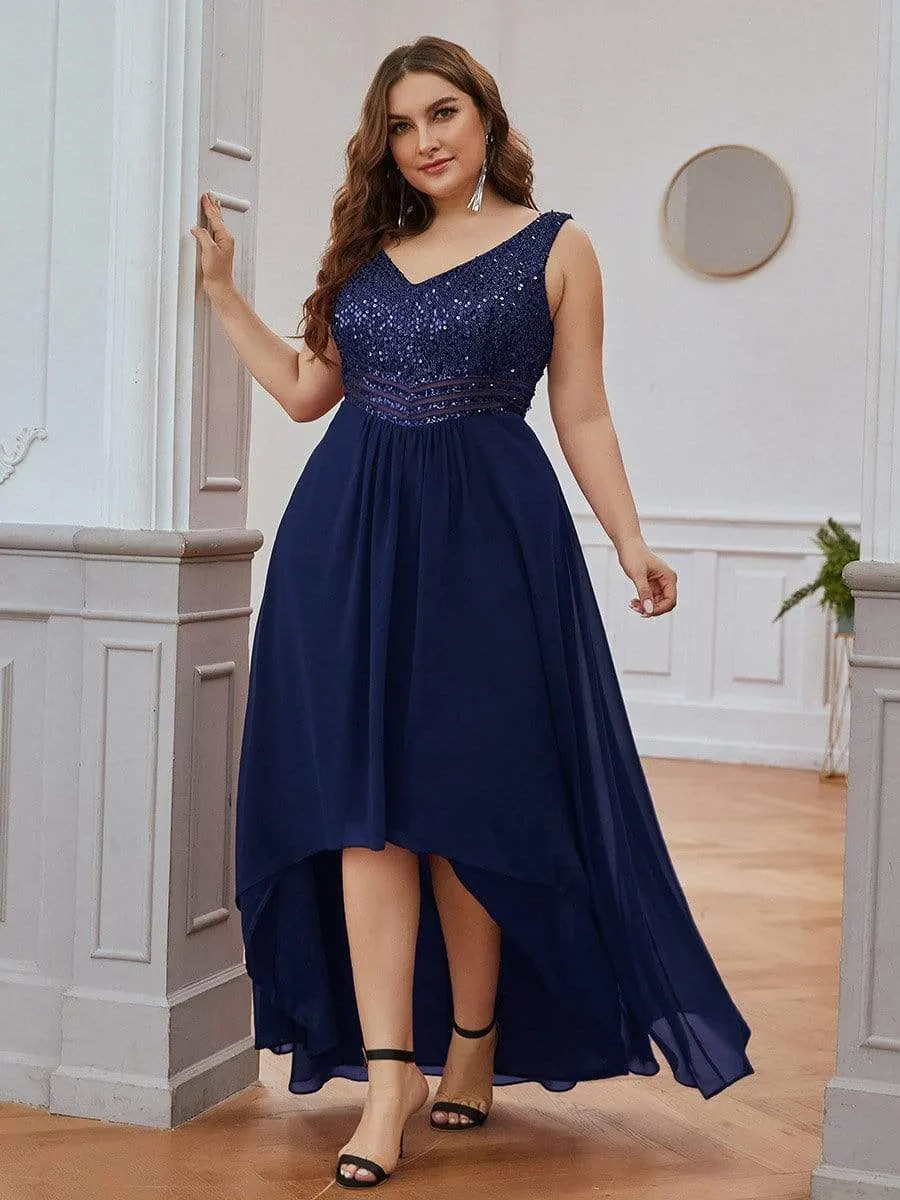 Elegant Paillette & Chiffon V-neck A-line Sleeveless Plus Size Evening Dresses