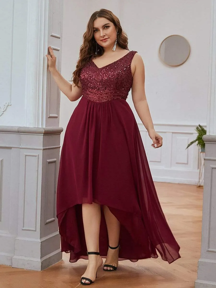 Elegant Paillette & Chiffon V-neck A-line Sleeveless Plus Size Evening Dresses