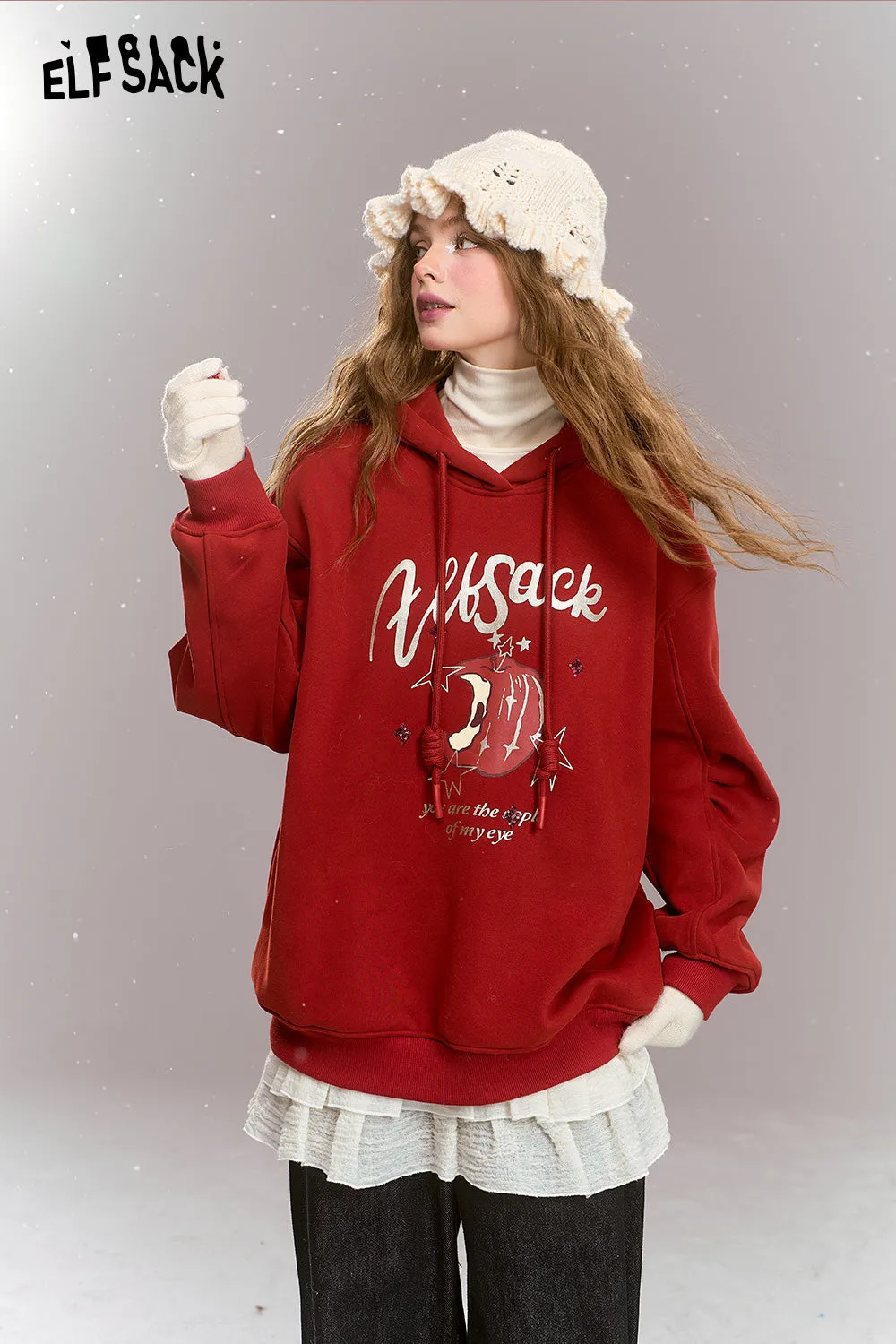 ELFSACK 2024 Winter New Arrivals Sweet Preppy style cartoon print hooded thick warm fleece-lined hoodie for women