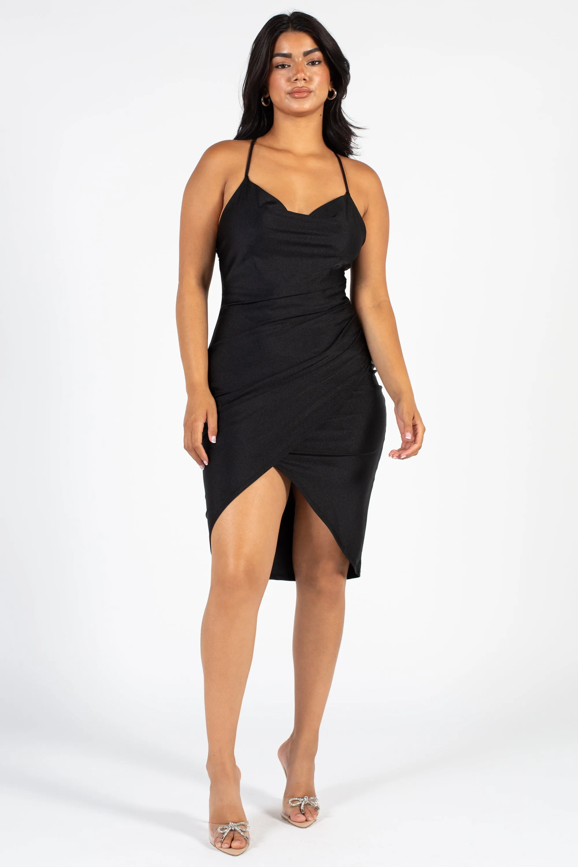 Elle Satin Ruched Tulip Midi Dress