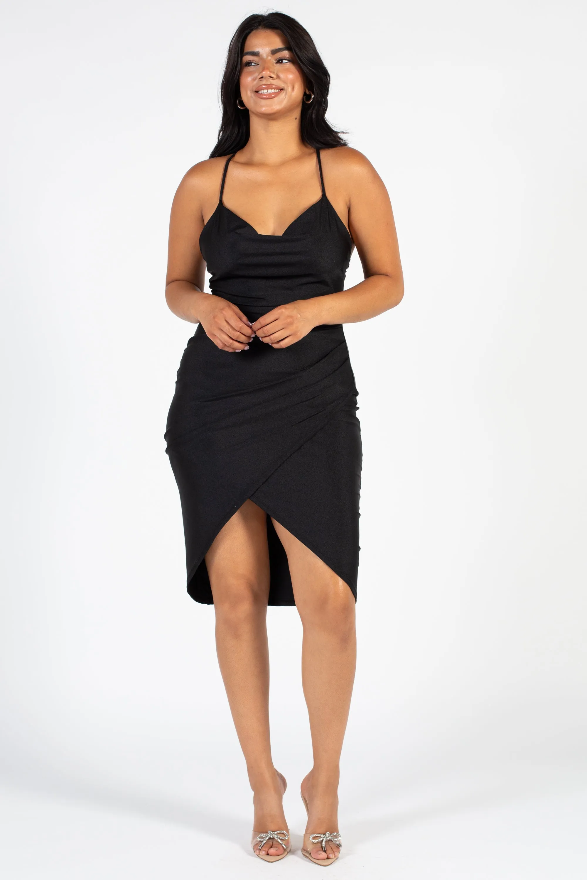 Elle Satin Ruched Tulip Midi Dress