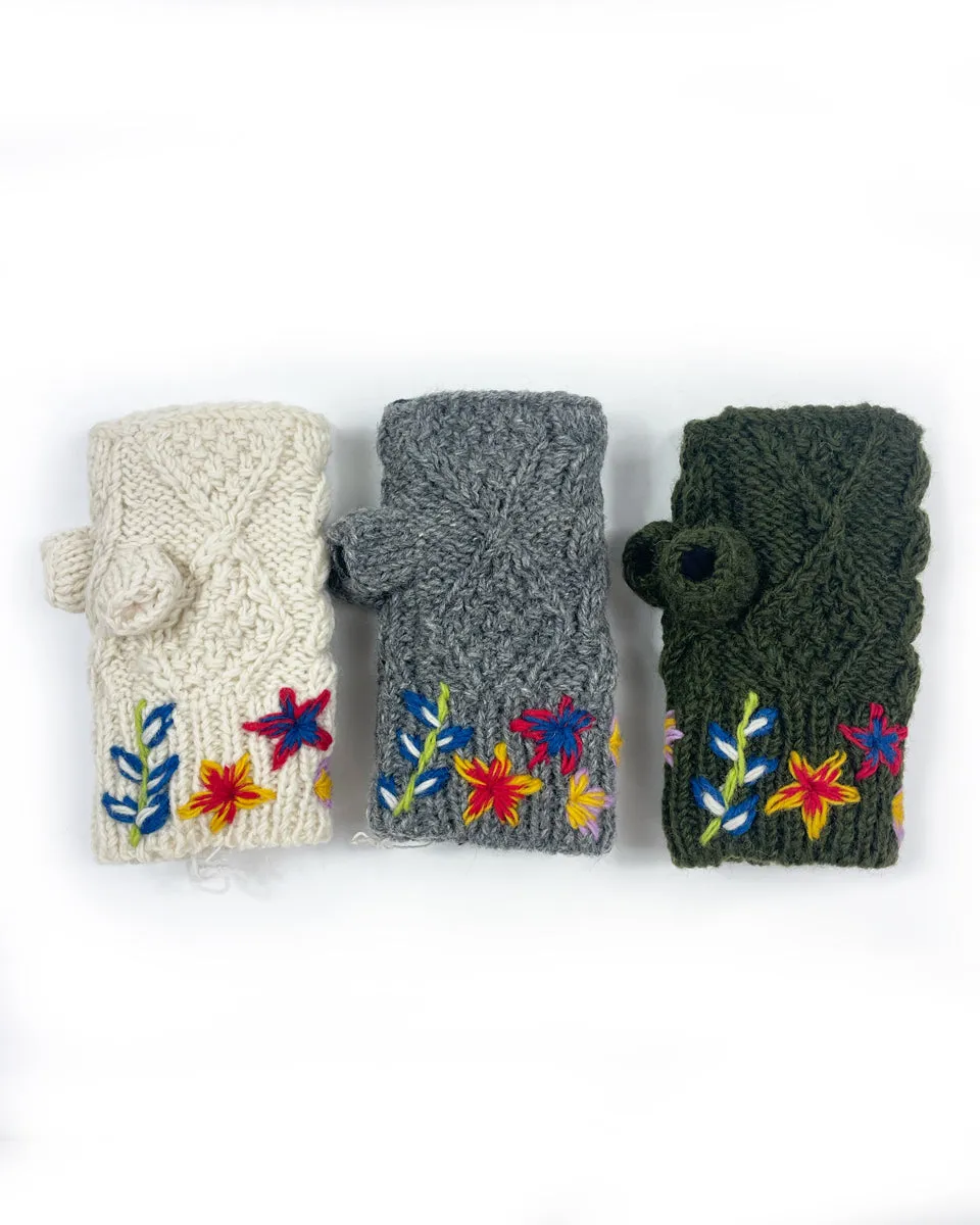 Embroidered Cable Knit Fingerless Gloves