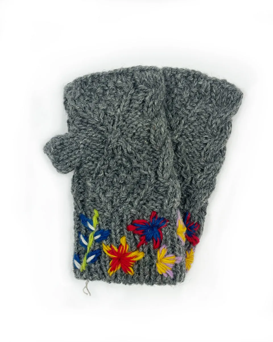 Embroidered Cable Knit Fingerless Gloves