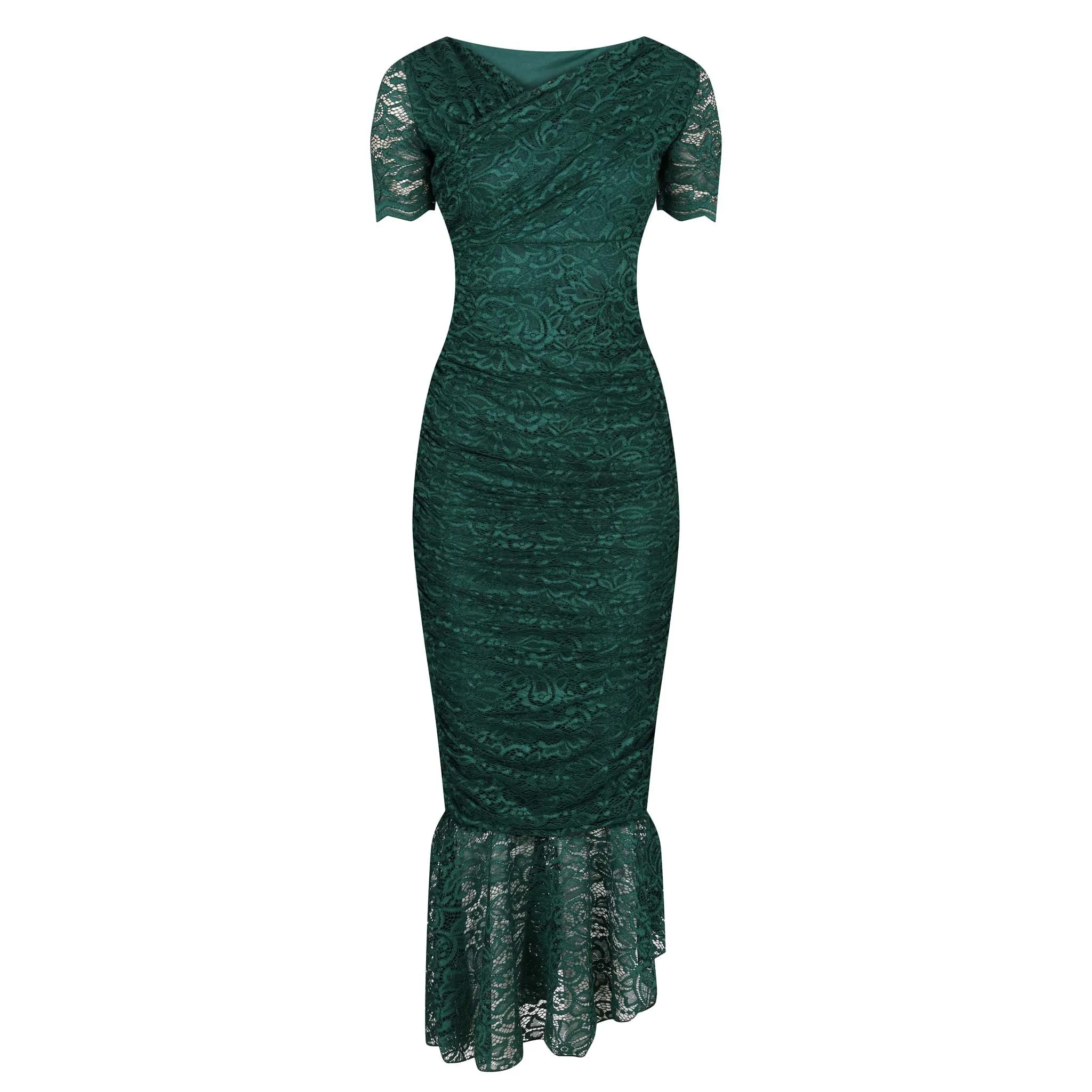 Emerald Green Ruched Lace Maxi Dress