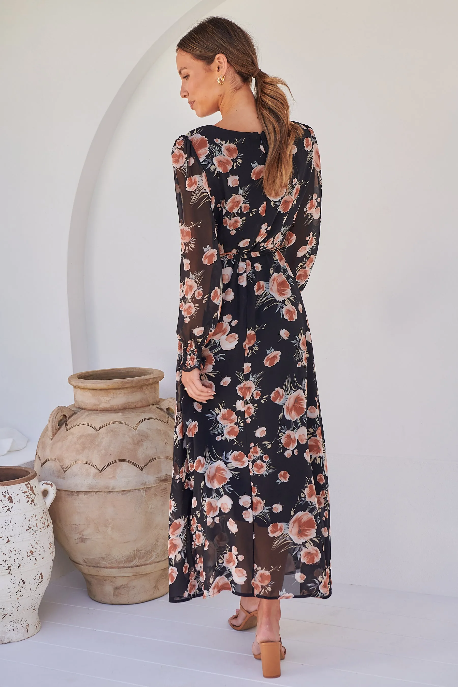 Evora Black/Rust Floral Chiffon Evening Dress