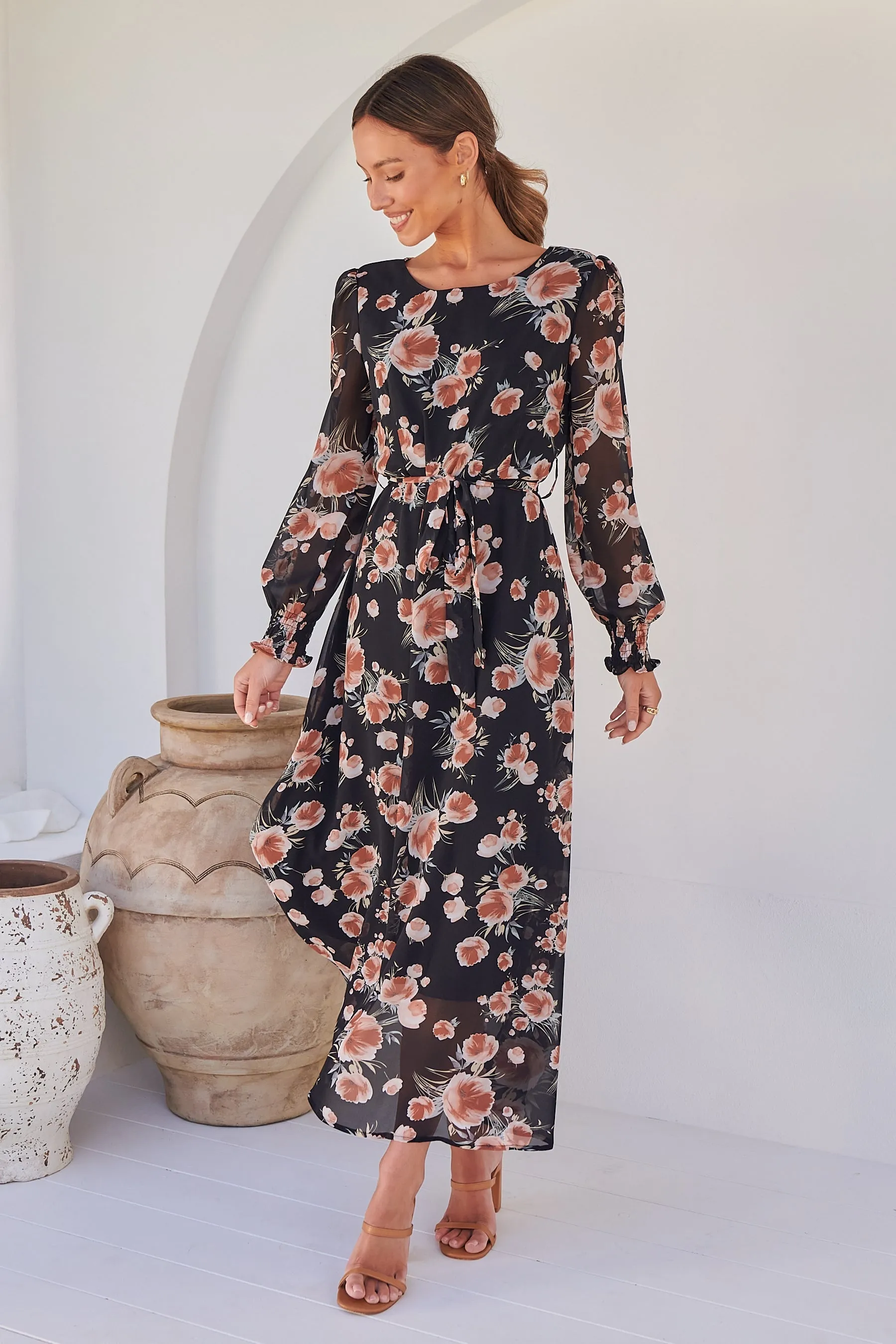 Evora Black/Rust Floral Chiffon Evening Dress