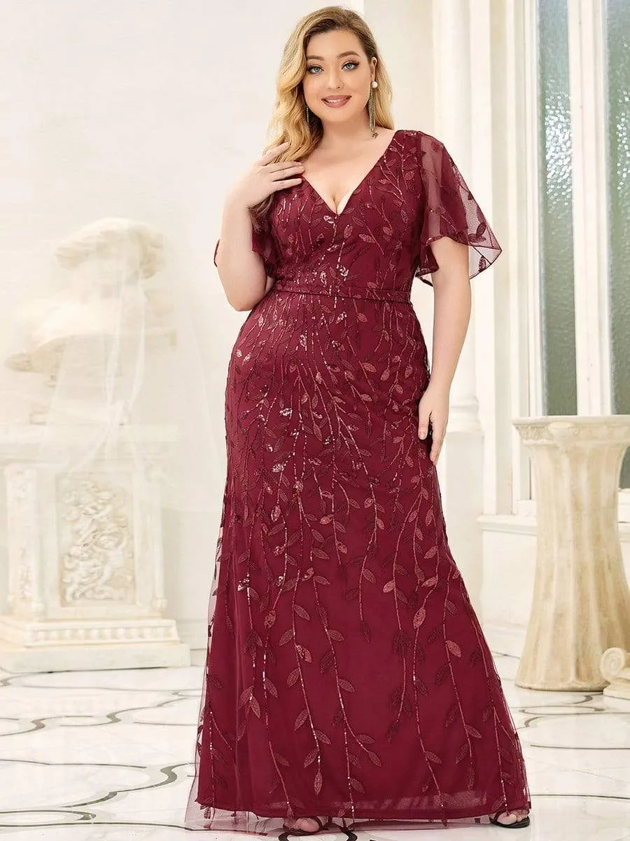 Fashion Plus Size V Neck Mermaid Sequin & Tulle Evening Dress