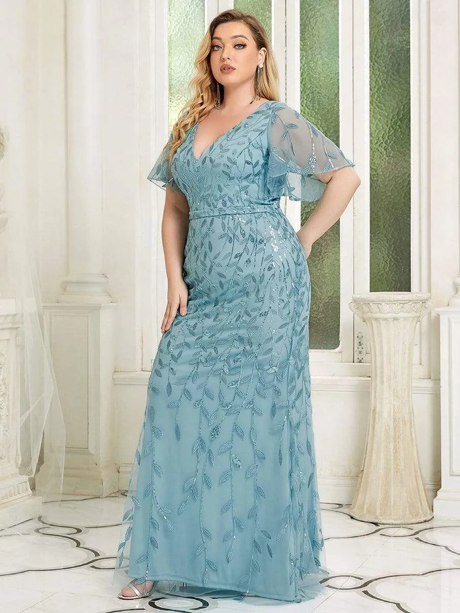 Fashion Plus Size V Neck Mermaid Sequin & Tulle Evening Dress