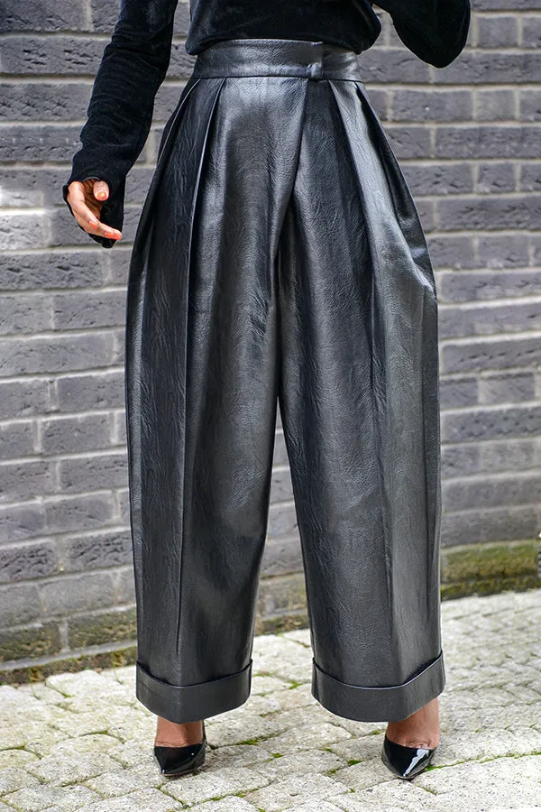 Fashion PU Pleated High Waist Pants