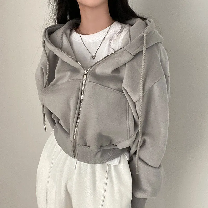 Fashionkova Winter Warm Korean Drawstring Hoodie Long Sleeve Pockets zip up Woman Y2k Clothing Lazy Vintage Fashion Haikyuu Gothic Jackets