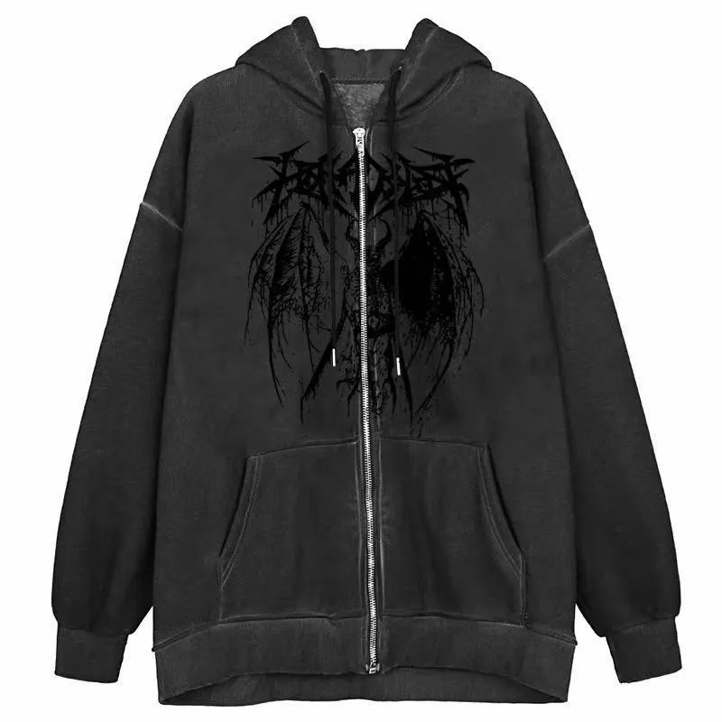 Fashionkova  Y2K Rhinestone Skeleton Sweatshirt Women Grunge Goth Hoodie Winter Harajuku Long Sleeve Zip Up Streetwear Oversized Jacket New