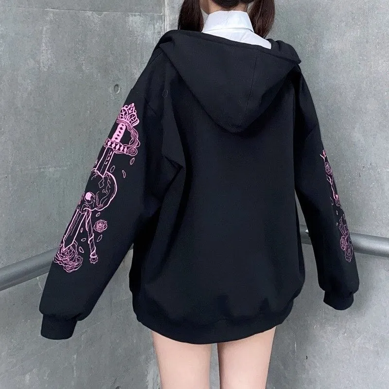 Fashionkova  Y2K Rhinestone Skeleton Sweatshirt Women Grunge Goth Hoodie Winter Harajuku Long Sleeve Zip Up Streetwear Oversized Jacket New