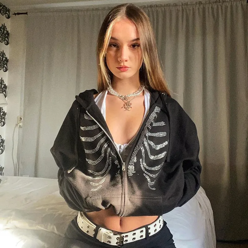 Fashionkova  Y2K Rhinestone Skeleton Sweatshirt Women Grunge Goth Hoodie Winter Harajuku Long Sleeve Zip Up Streetwear Oversized Jacket New