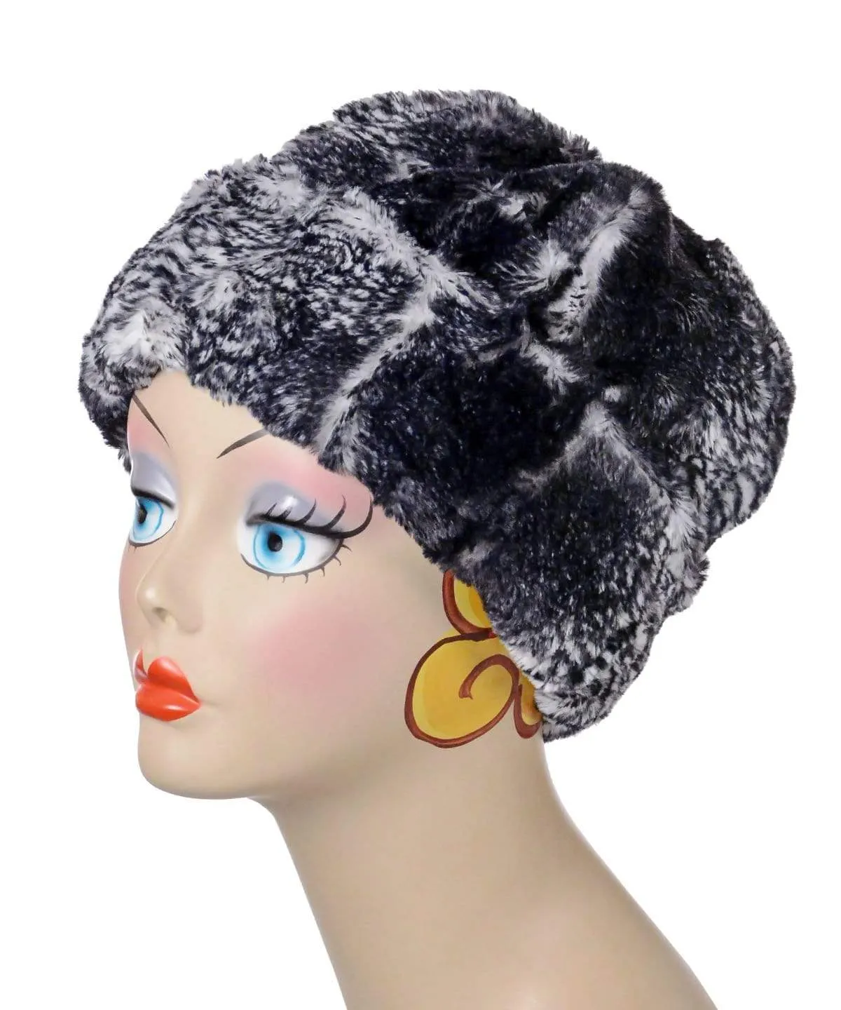 Faux Fur Beanie Hat, Reversible - Luxury Faux Fur in Black Mamba