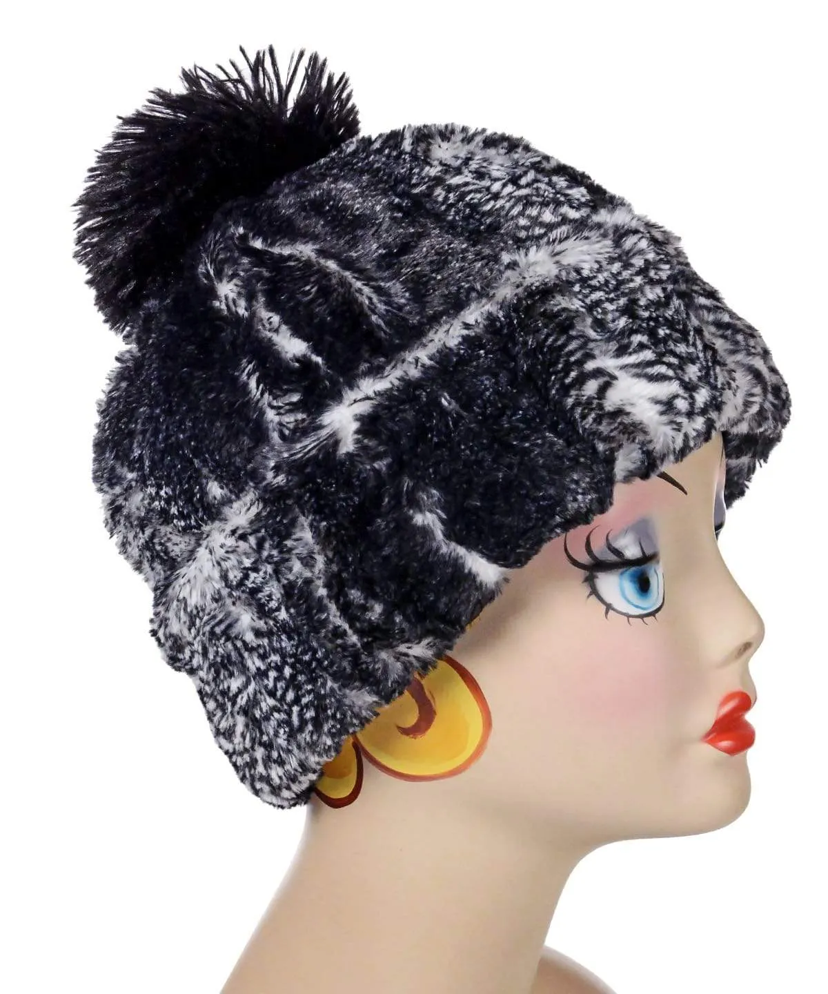 Faux Fur Beanie Hat, Reversible - Luxury Faux Fur in Black Mamba