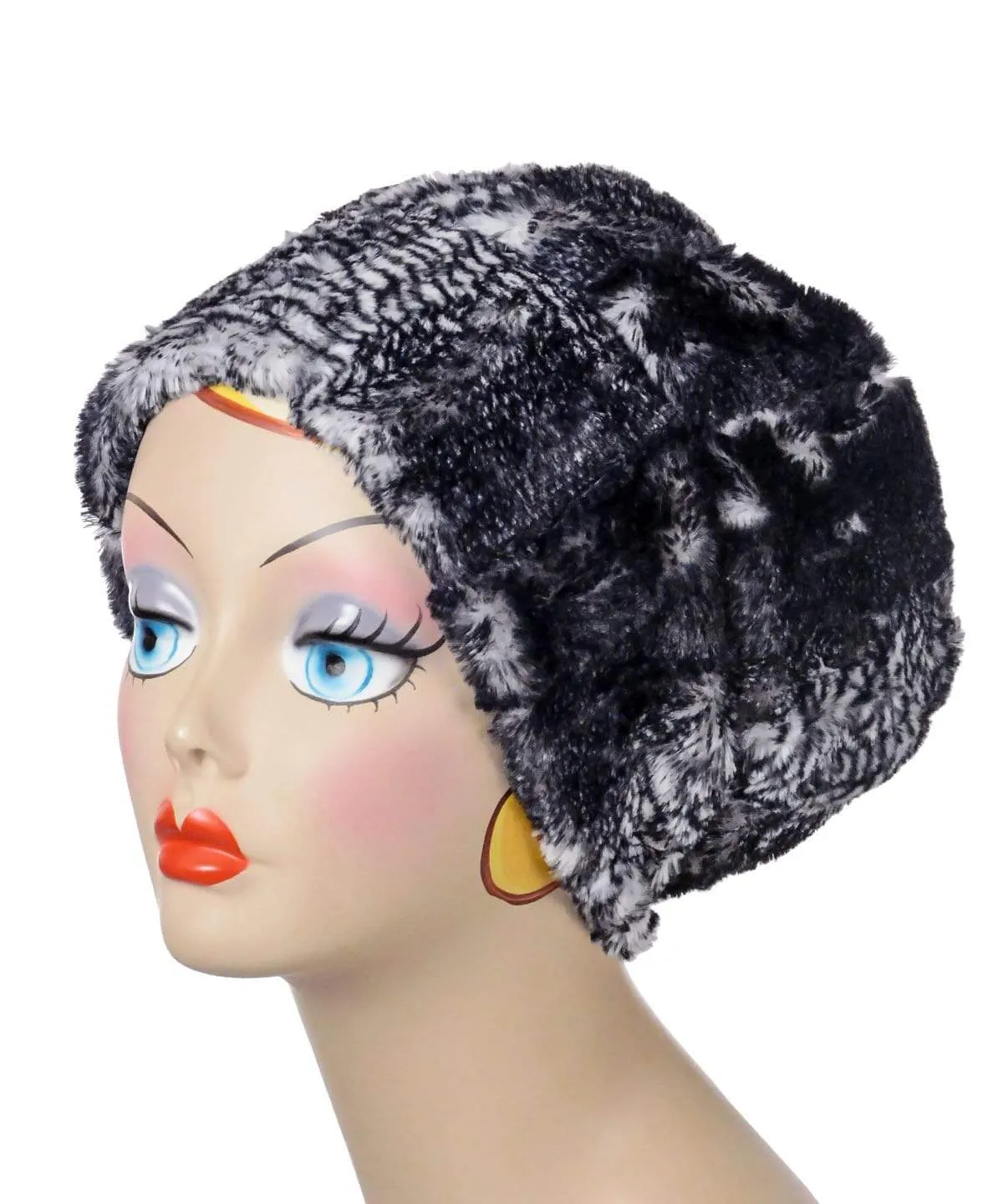 Faux Fur Beanie Hat, Reversible - Luxury Faux Fur in Black Mamba