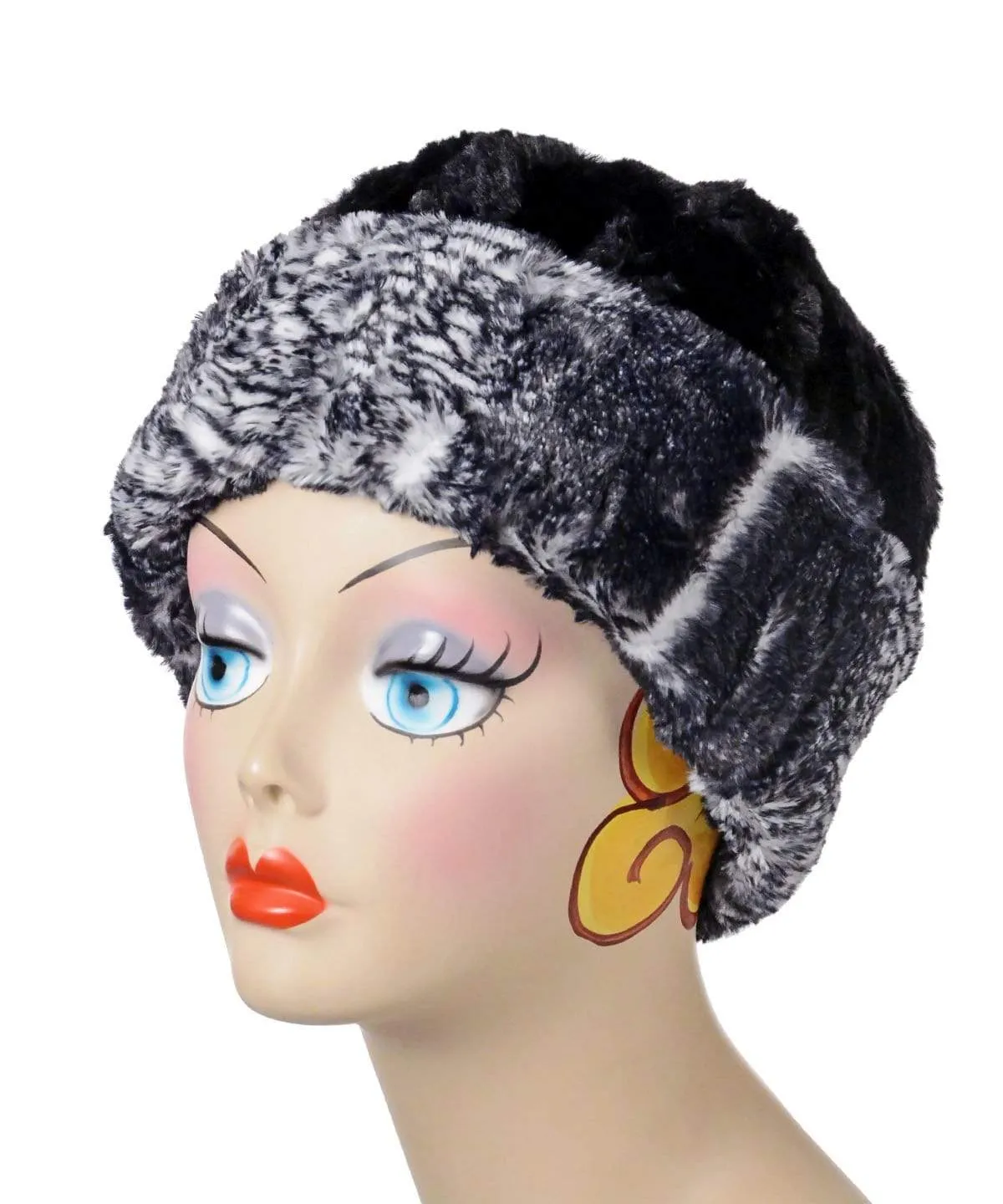 Faux Fur Beanie Hat, Reversible - Luxury Faux Fur in Black Mamba