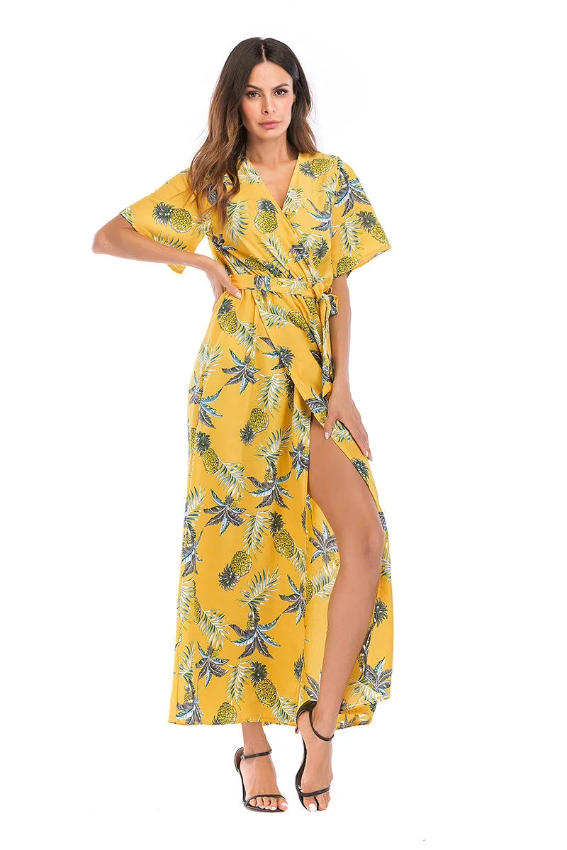 Floral Print V-neck Tie Front Slit Maxi Dress