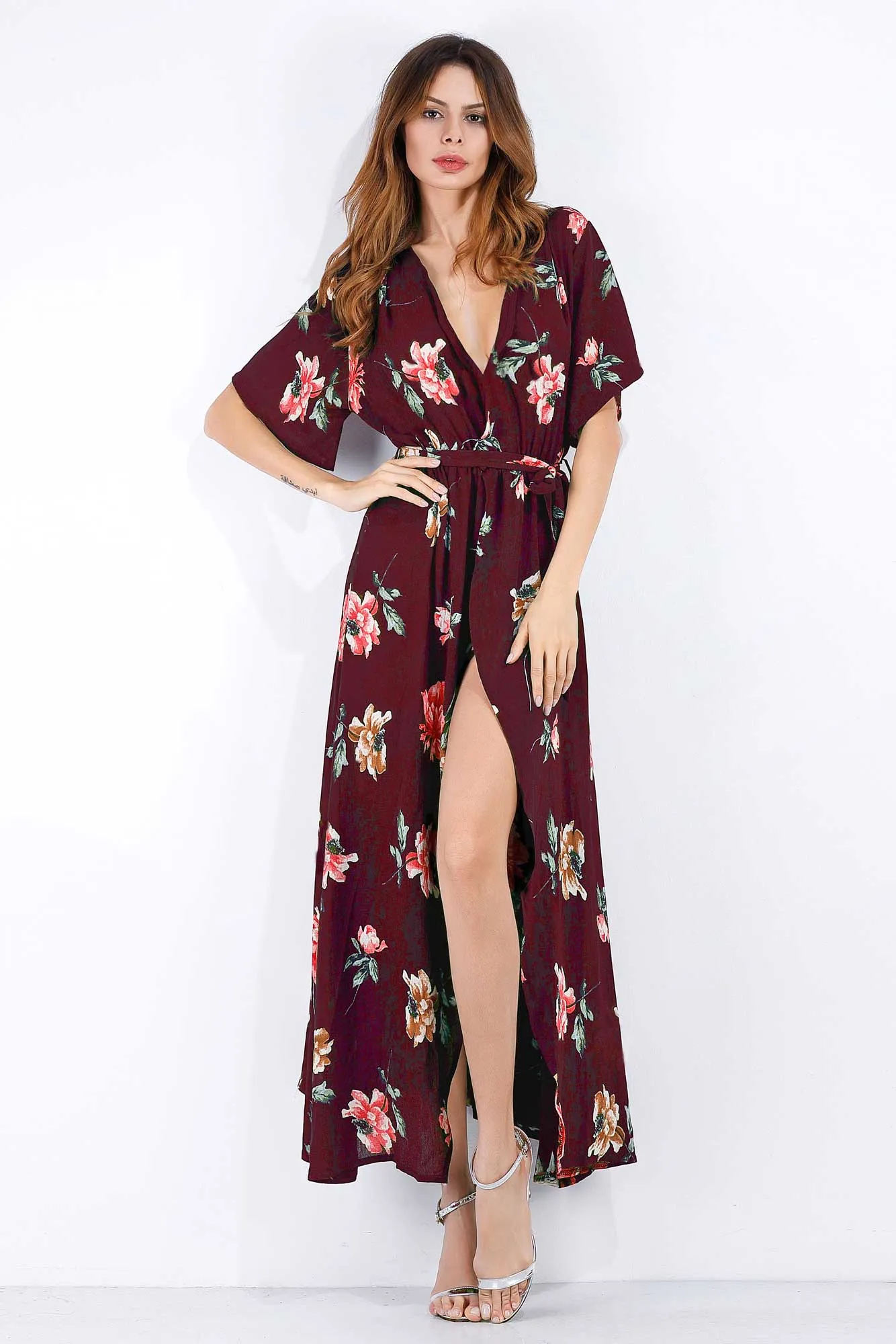 Floral Print V-neck Tie Front Slit Maxi Dress