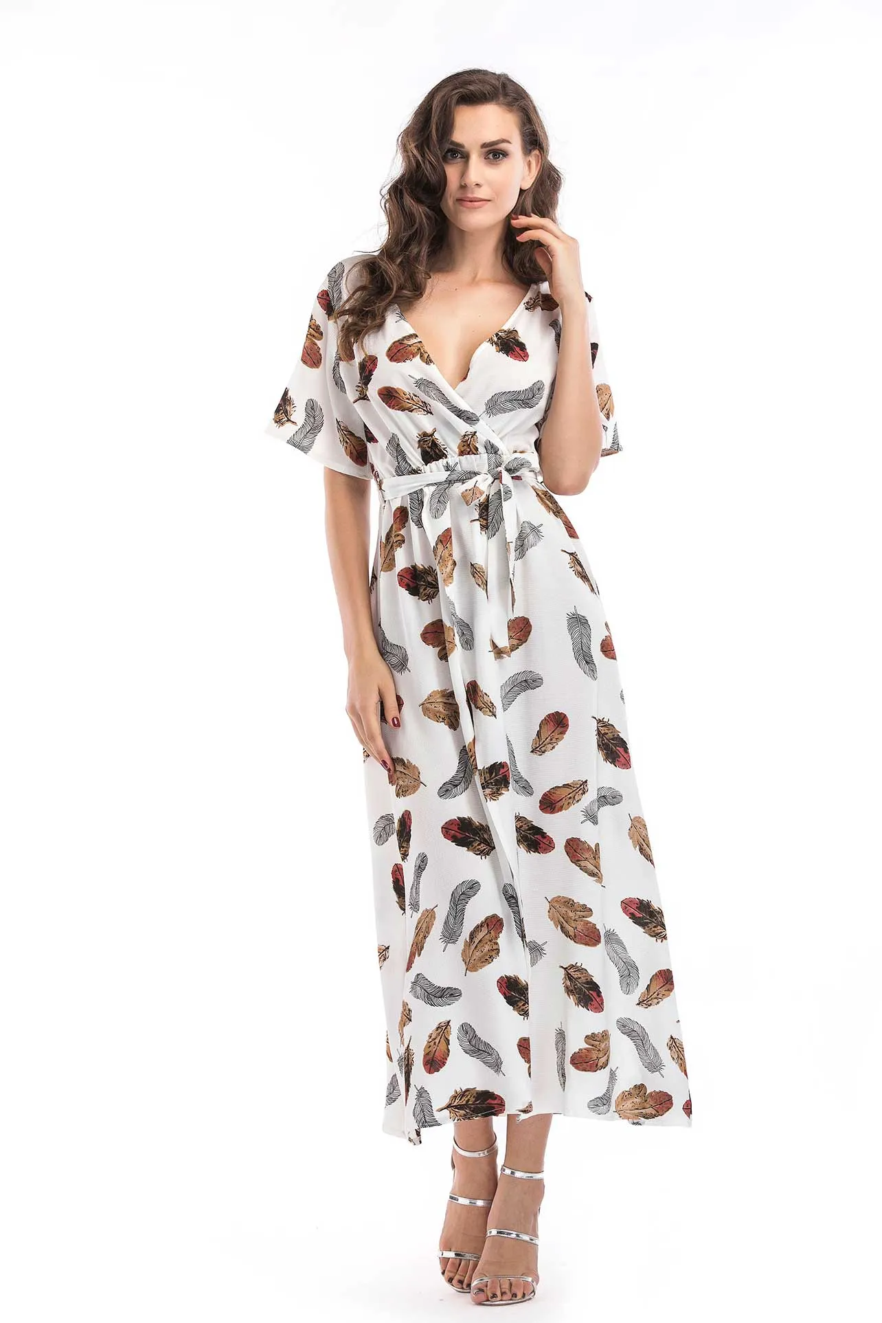 Floral Print V-neck Tie Front Slit Maxi Dress