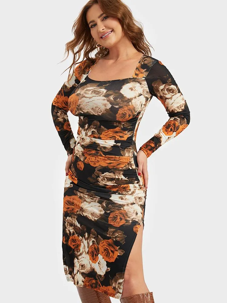 Floral Printing Split Bodycon Dress