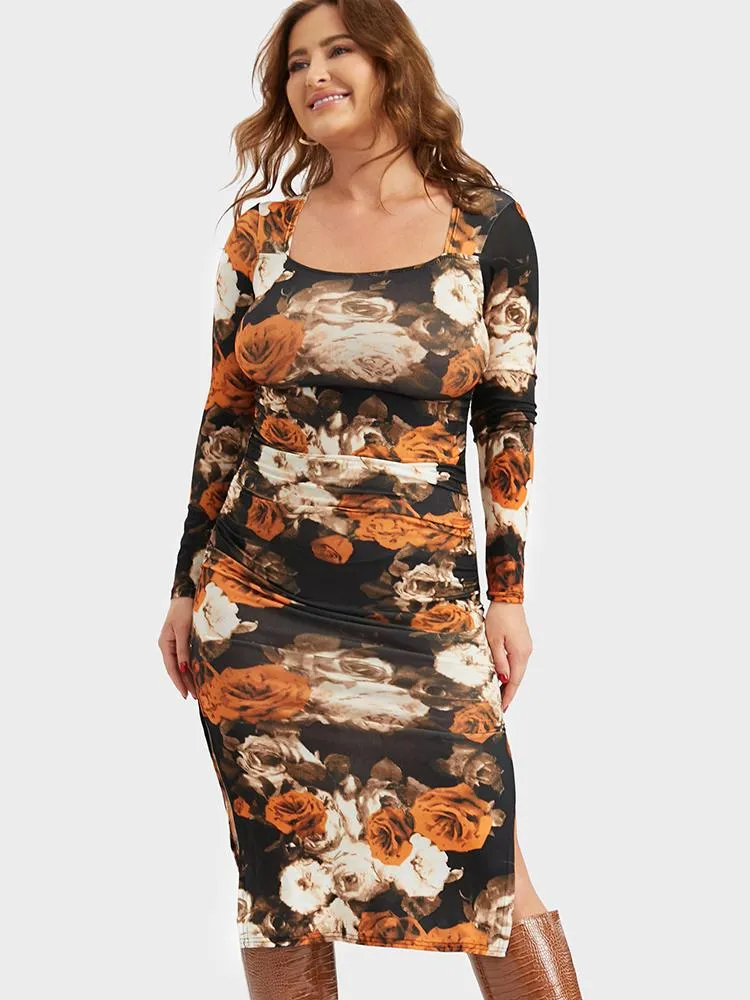 Floral Printing Split Bodycon Dress