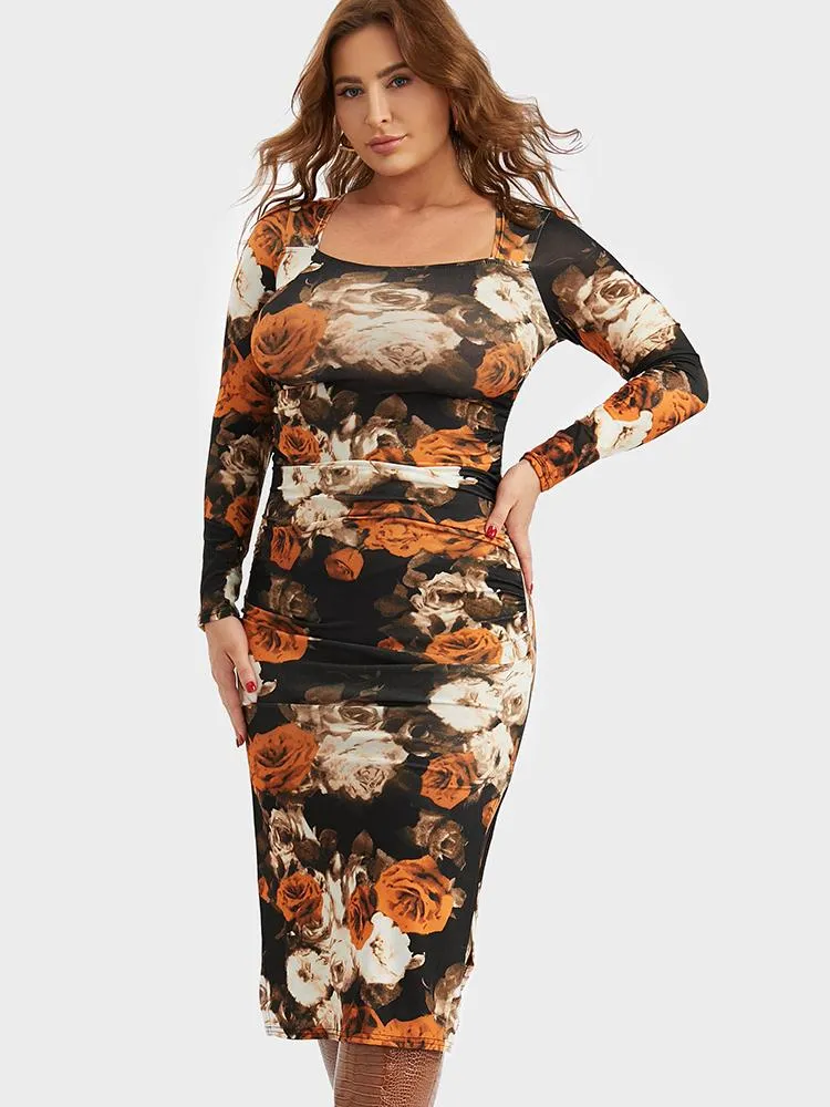 Floral Printing Split Bodycon Dress