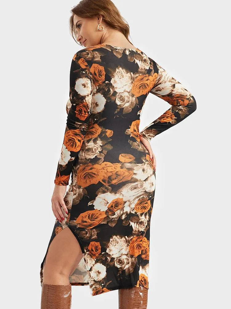 Floral Printing Split Bodycon Dress