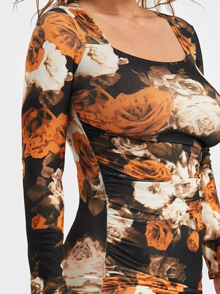 Floral Printing Split Bodycon Dress