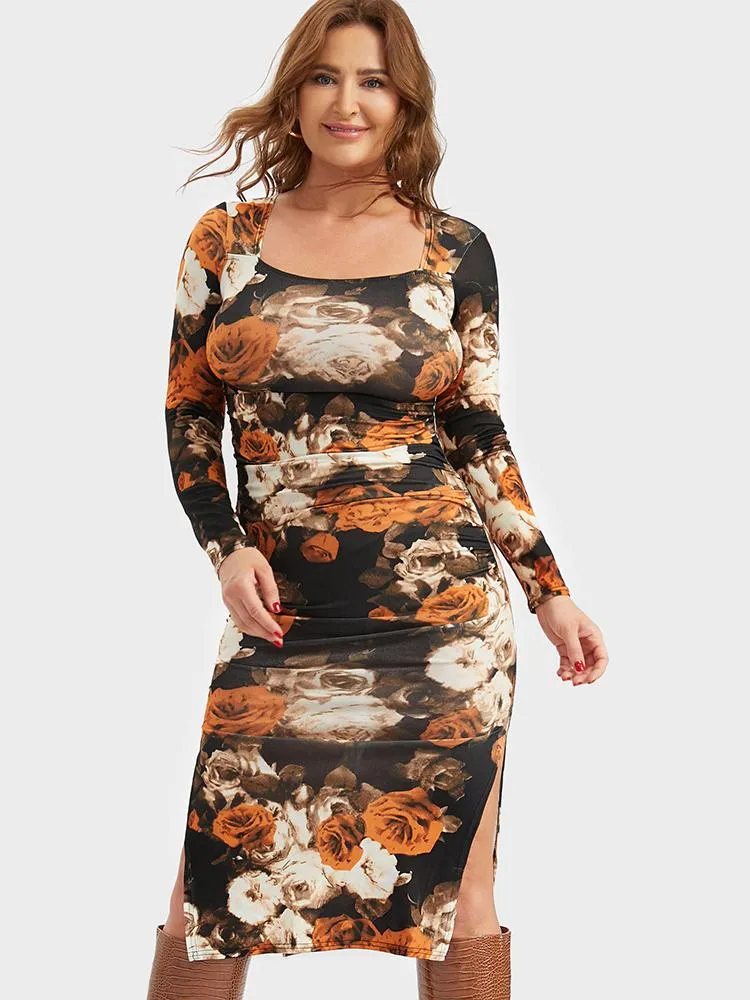 Floral Printing Split Bodycon Dress