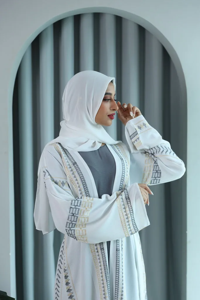 Four Piece Aztec Embroidered Open Abaya - White And Grey