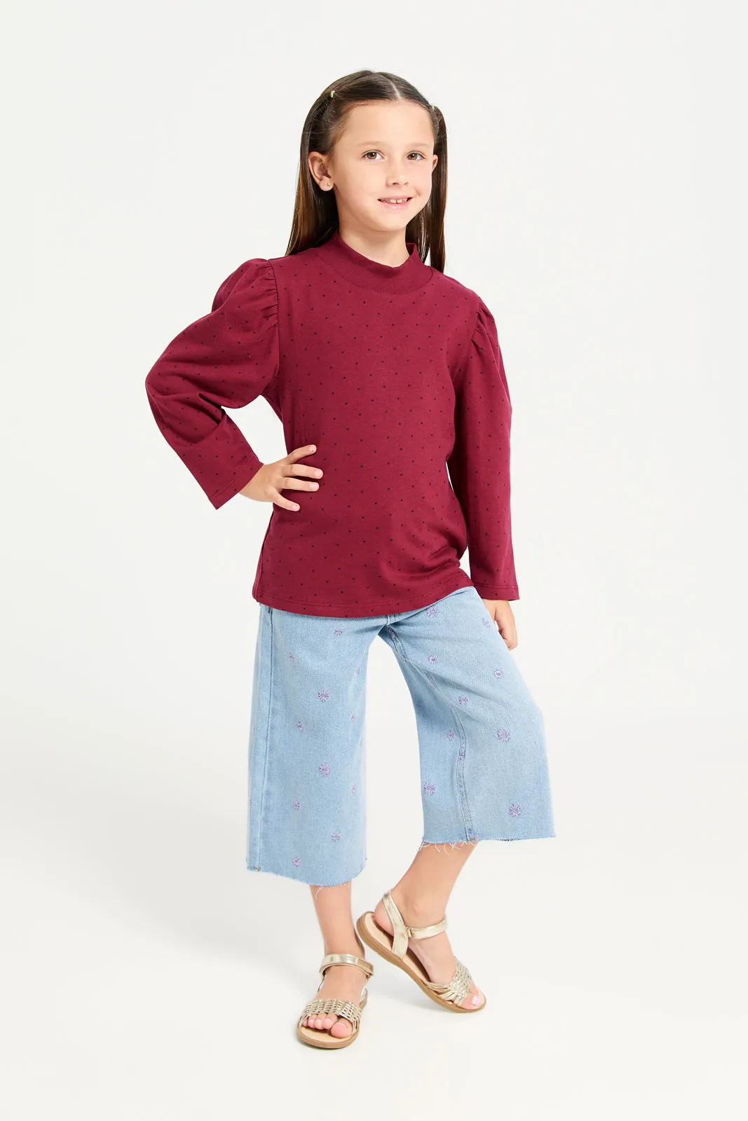 Girls Burgundy Polka Dots T-Shirt With Puff Sleeve