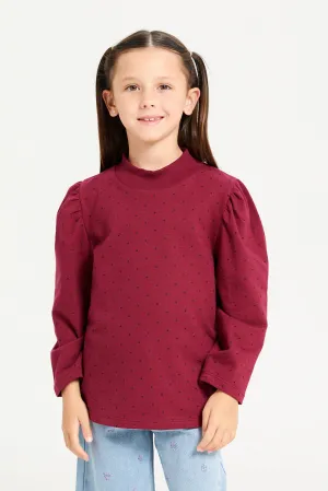 Girls Burgundy Polka Dots T-Shirt With Puff Sleeve