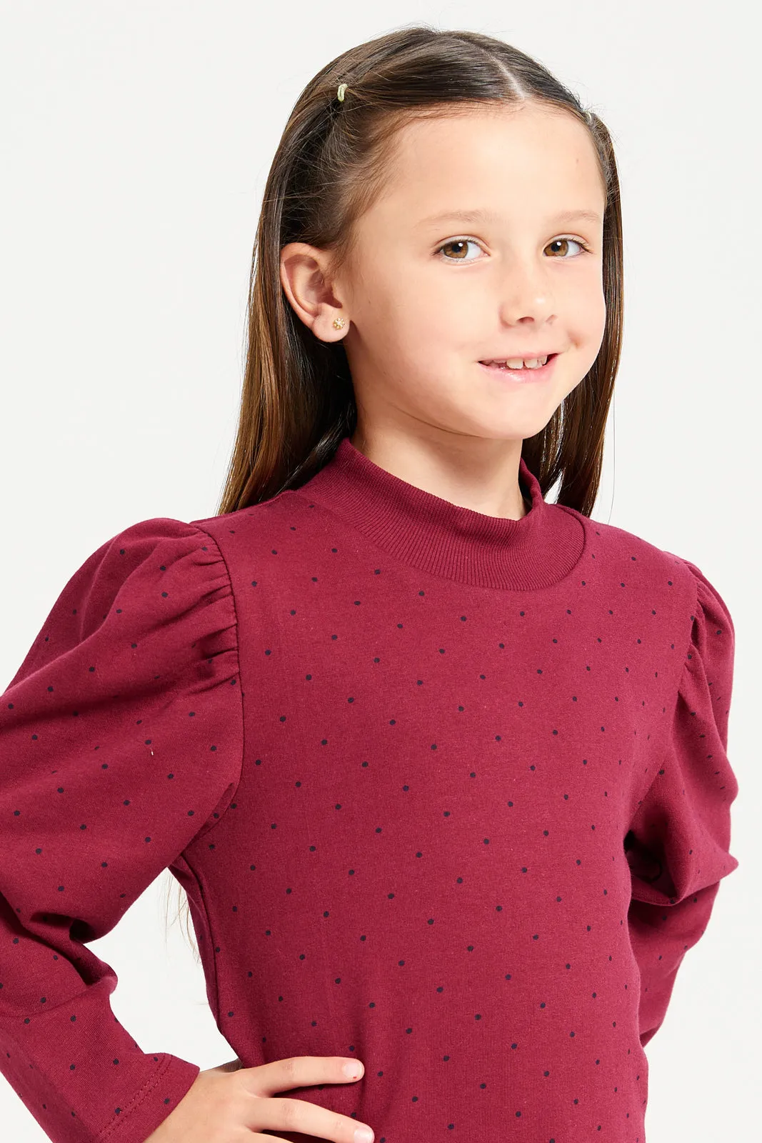 Girls Burgundy Polka Dots T-Shirt With Puff Sleeve