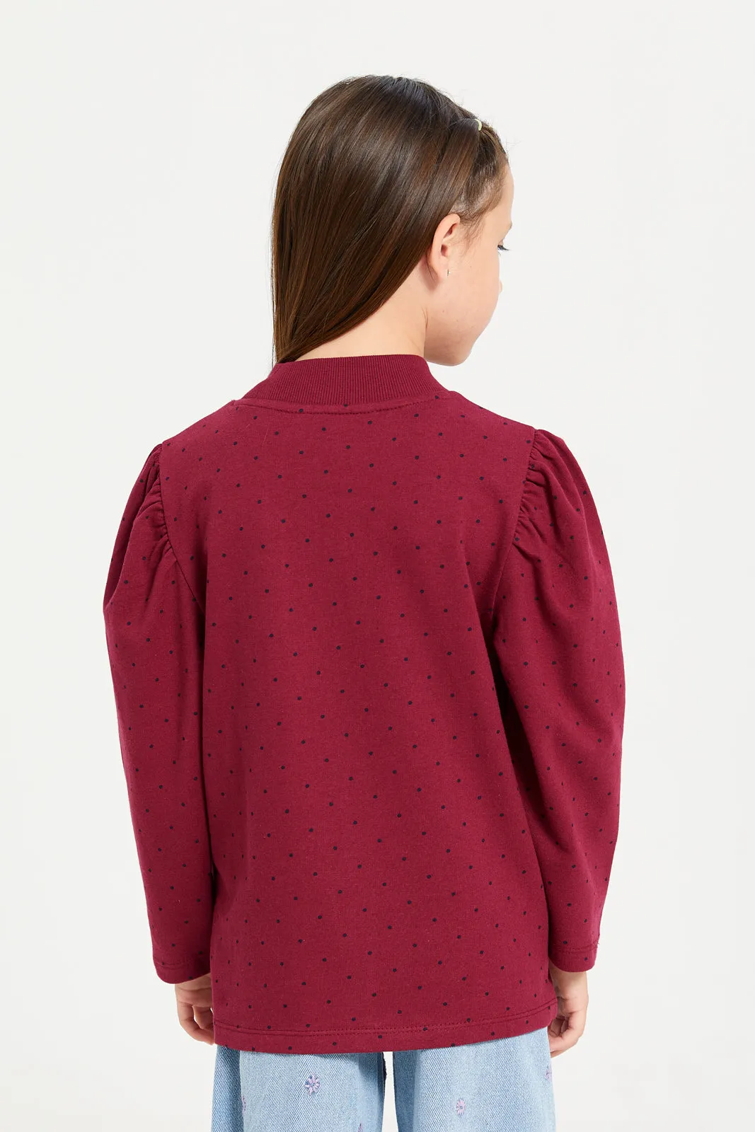 Girls Burgundy Polka Dots T-Shirt With Puff Sleeve