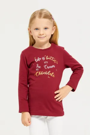 Girls Burgundy Printed T-Shirt