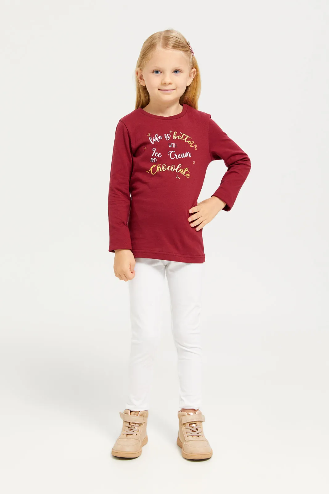 Girls Burgundy Printed T-Shirt